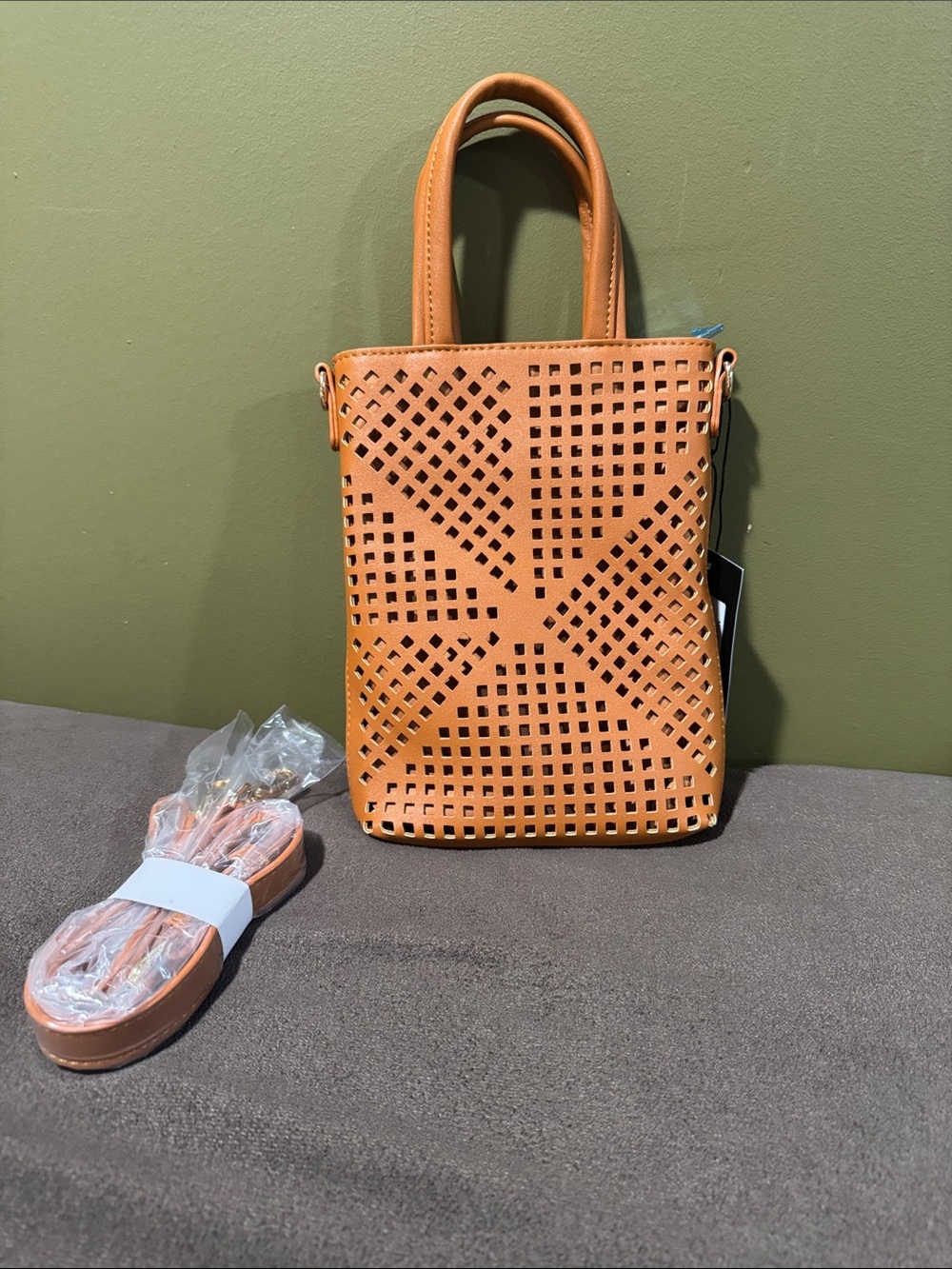HAUTE SHORE Tan Laser-Cut Crossbody Bag